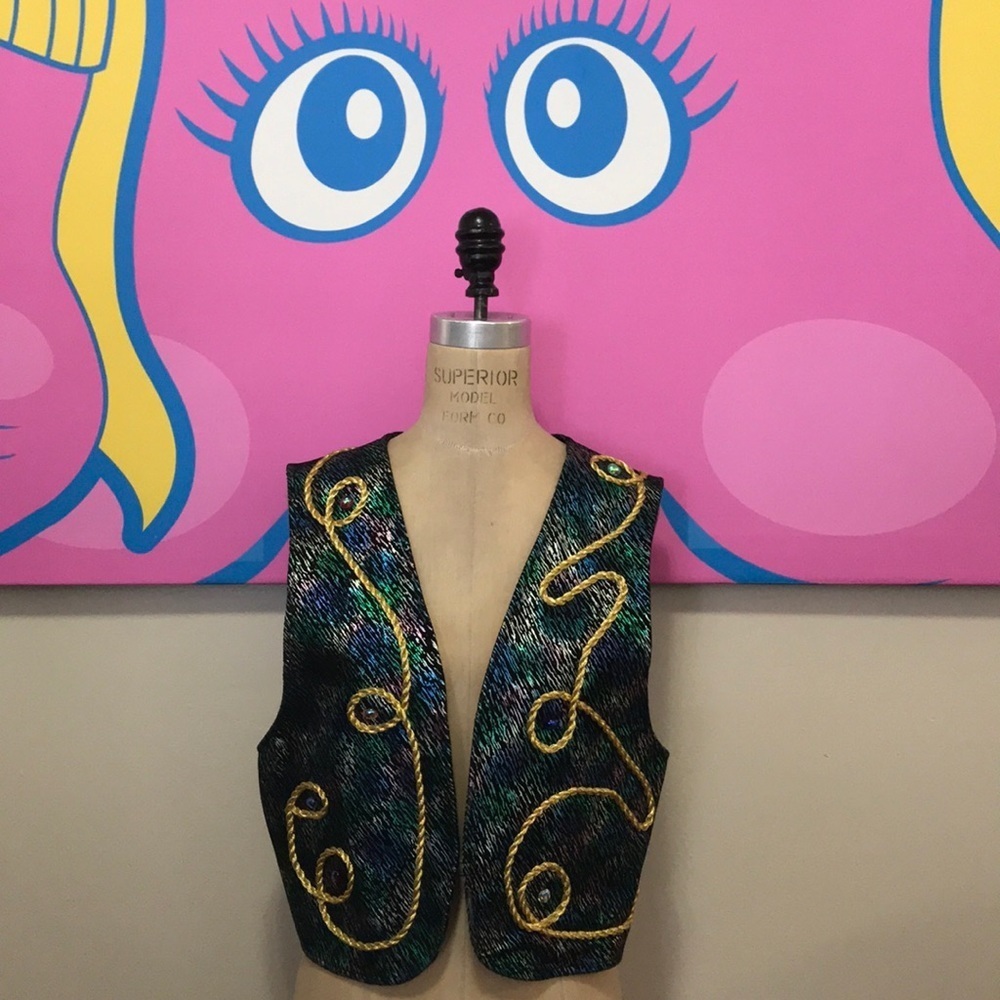 Peter Lai Black Leather Gold Rope Vest Vintage 1980s